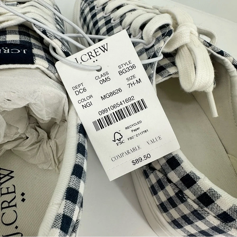 J Crew Factory Gingham Printed Road Trip Canvas Sneakers size 7.5 NWT Navy White